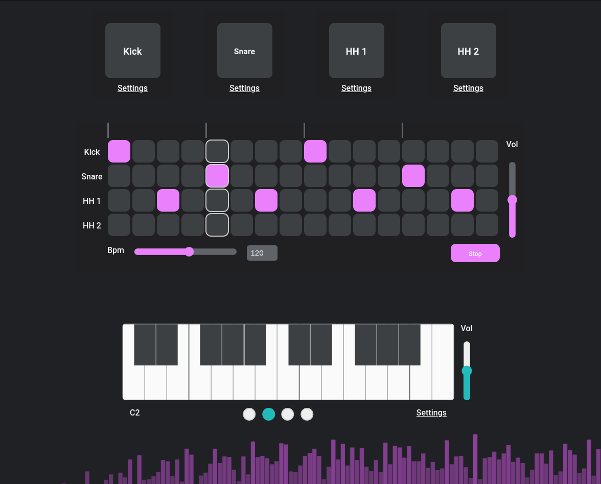 A screenshot of Jambo Jim, including a percusive step sequencer and keyboard synthesizer.