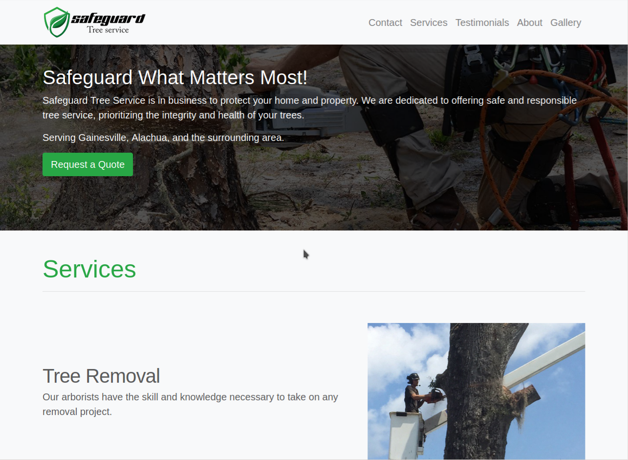 A screenshot of the Safeguard Tree Service landing page.